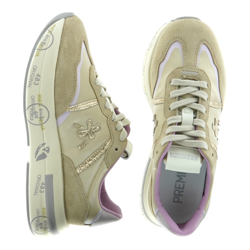 Deportivas Premiata Mujer | Zapatillas Beige y Lila con detalles dorados | Gallery Carrile foto 2