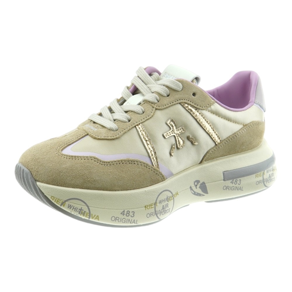 Deportivas Premiata Mujer | Zapatillas Beige y Lila con detalles dorados | Gallery Carrile foto 3